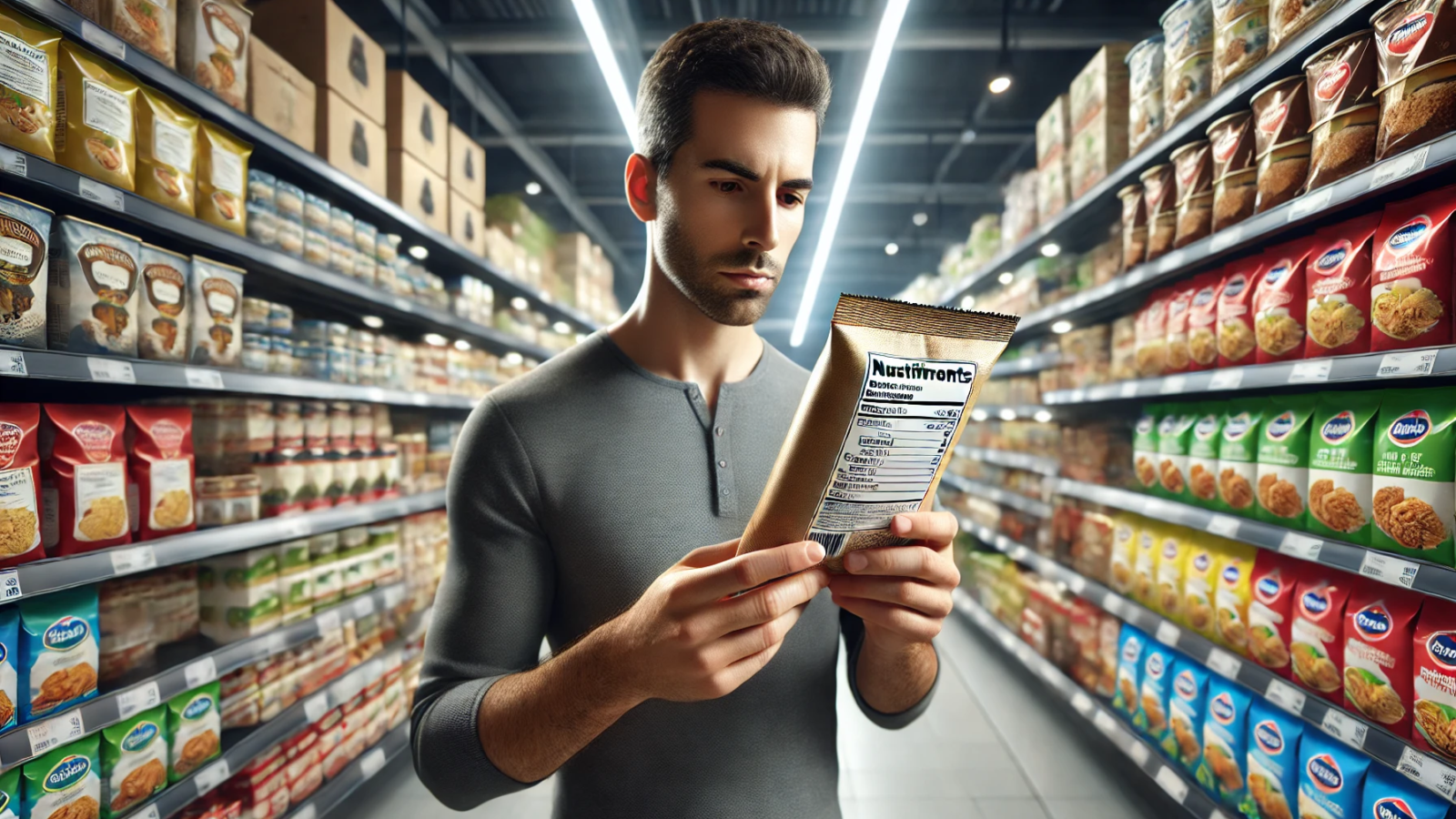 DALL·E 2025-03-12 19.25.34 - A highly realistic, photographic-style image of a person in a supermarket aisle holding a packaged food item and carefully reading its label. The sett