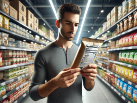 DALL·E 2025-03-12 19.25.34 - A highly realistic, photographic-style image of a person in a supermarket aisle holding a packaged food item and carefully reading its label. The sett
