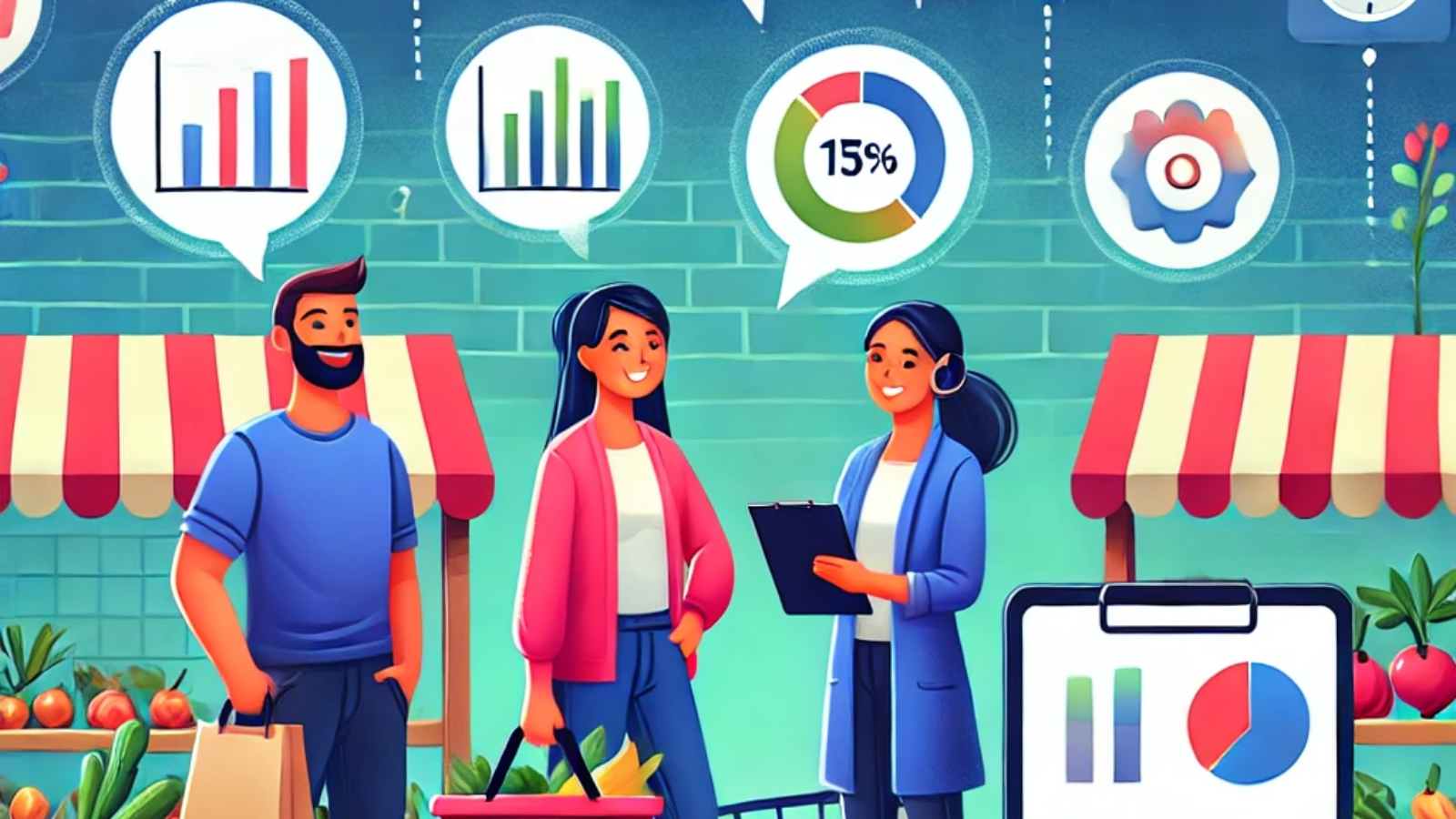 DALL·E 2025-03-20 14.48.34 - A colorful and engaging illustration of a market research process with consumers. A cartoon-style researcher is interviewing a customer holding a shop